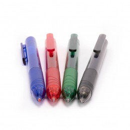 Bolígrafo borrable promocional.cl  en colores azul, rojo, verde y negro con goma para borrar