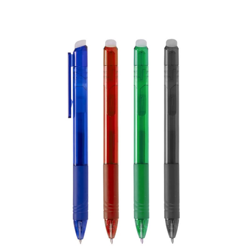 Bolígrafo borrable promocional en colores azul, rojo, verde y negro con goma para borrar